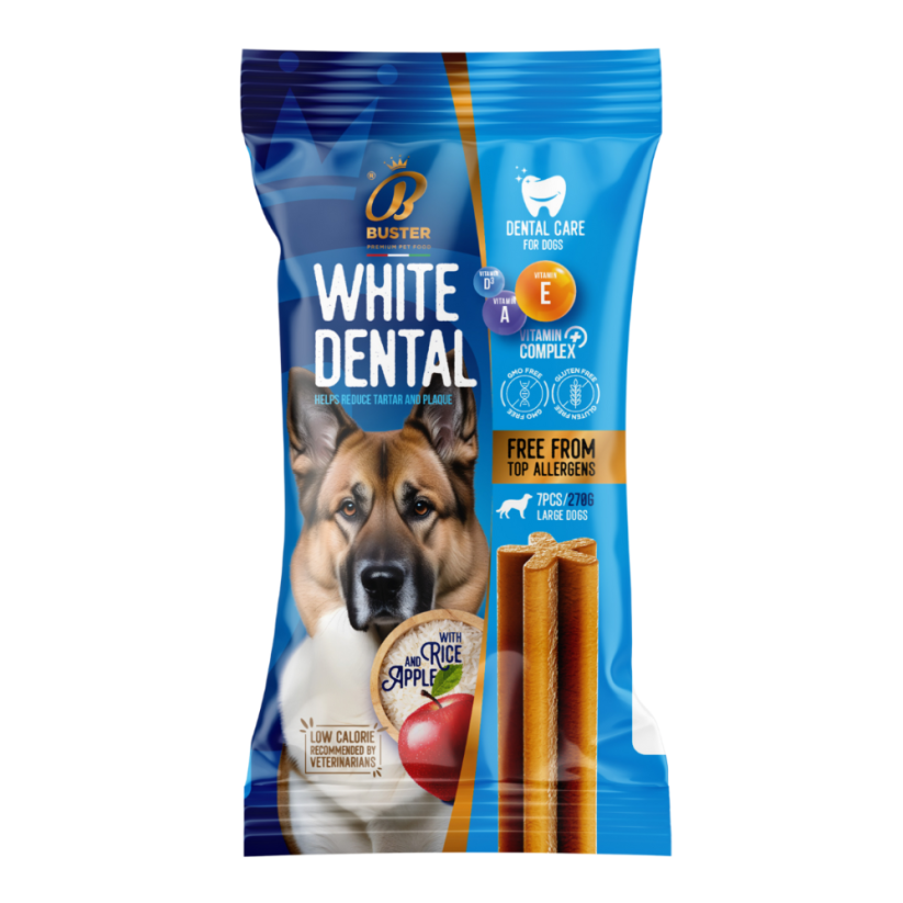 BUSTER WHITE DENTAL JABLKO – DENTÁLNE TYČINKY PRE PSOV – BEZ MÄSA, HYPOALERGÉNNE, BEZ GLUTÉNU